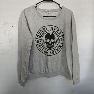 Tokyo Darling Medium Gray Graphic Sweatshirt Pullover Rebel Heart Skull Grunge